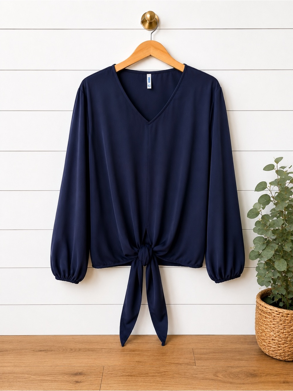 💙 VISHOW Navy Tie Front Blouse | Long Sleeve V-Neck Top | Size XL 💙